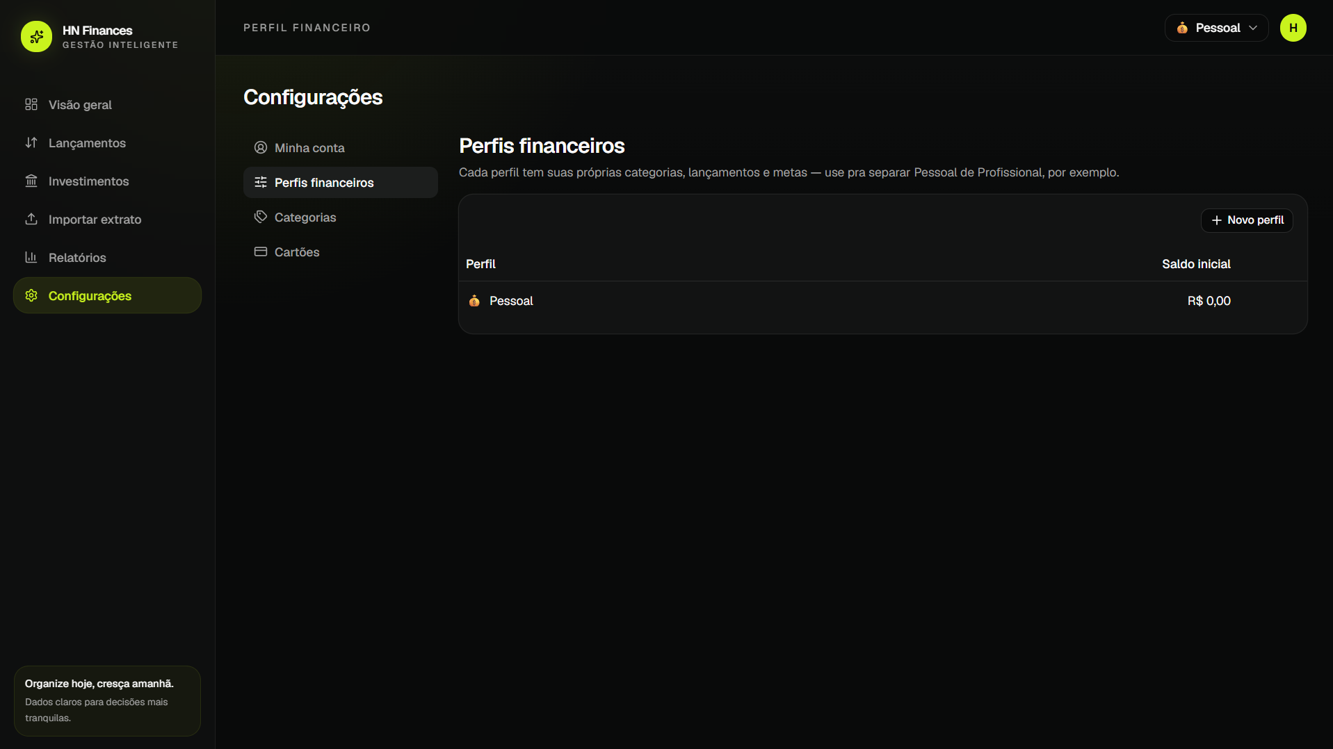HN Finances — perfis financeiros separados por contexto
