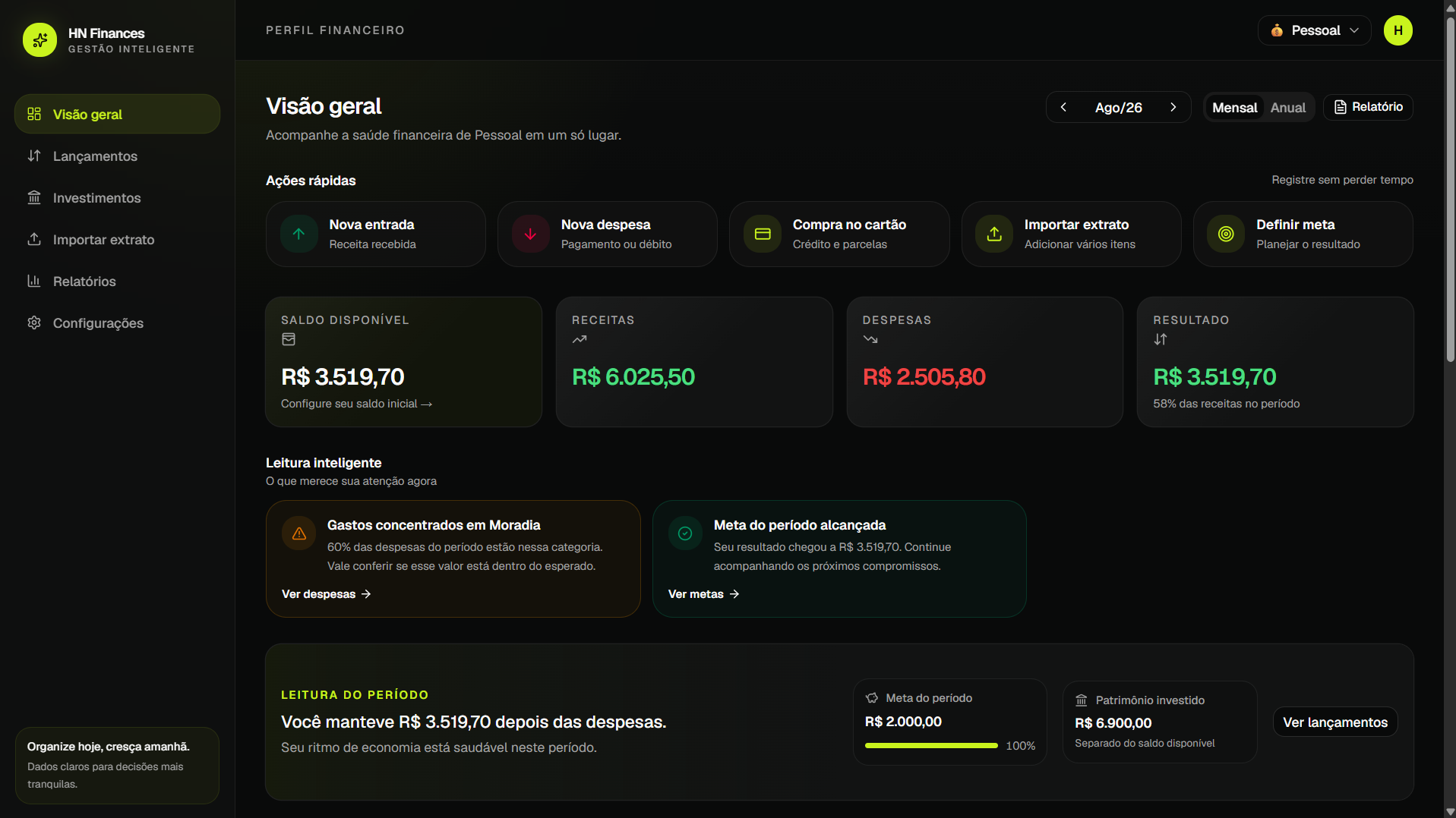 HN Finances — visão geral com saldo, receitas, despesas e leitura inteligente do período